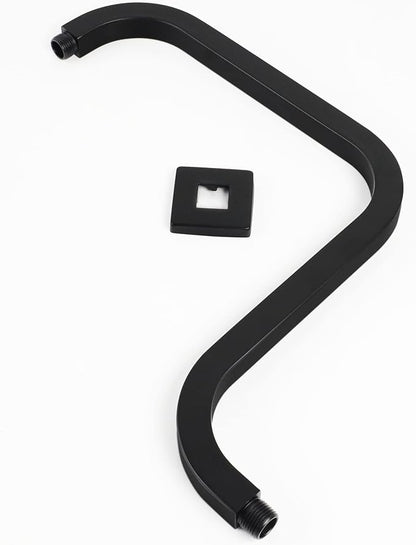 PHASAT S Shaped Square Shower Arm with Flange,High Rise Shower Head Extension Arm Matte Black,PU9H03
