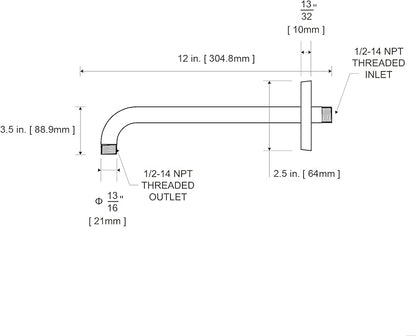 OFFO Shower Arm with Flange, 12 in Brushed Nickel Wall Mount Replacement Angle Shower Head Arm Wall-Mounted For Fixed Shower Head & Handheld Showerhead