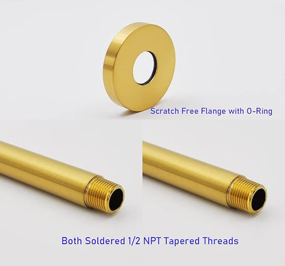 Aquaiaw Shower Arm and O-Ring Flange, 3 inch, Solid Brass, Round, Both Soldered 1/2 NPT Tapered Threads, Straight Shower Arm Extension, Ceiling Shower Head Arm for Rainfall Shower (Brushed Gold)