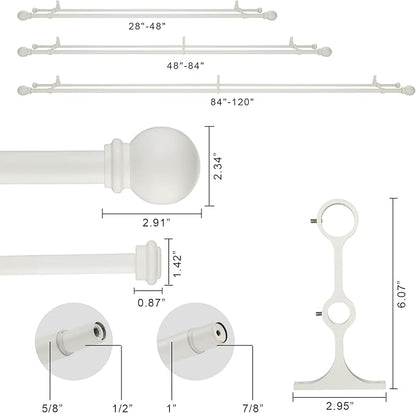 Double Curtain Rod 28 to 48 inch, Adjustable 1 inch Double Drapery Rod Rods for Windows and Doors with Ball Round Finials and Premium Aluminum Brackets Set(28-48",Matte White)