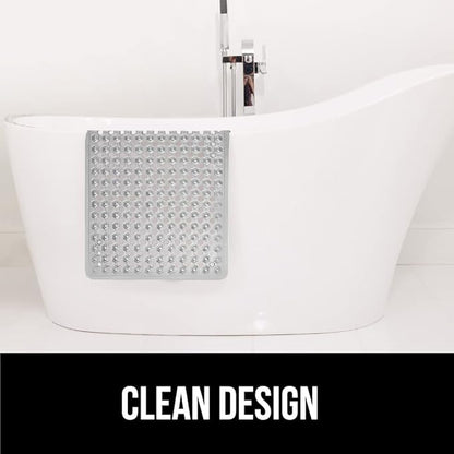 GORILLA GRIP Patented Bath Tub Shower Mat, Machine Washable Bathtub Floor Liner Mats, Suction Cups and Drain Holes to Keep Tubs Clean, Soft on Feet, Bathroom Essentials, 35x16 Inch, Clear Gray