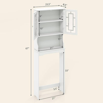 COSTWAY Over The Toilet Storage Cabinet, Bathroom Shelf Over Toilet, Double Door Bathroom Storage Cabinet Organizer with Adjustable Shelf, Open Shelf (White)
