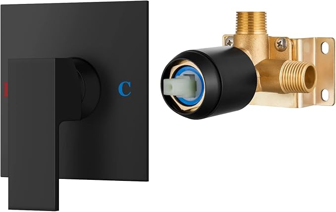 Airuida Square Single-Function Brass Faucet Shower Rough-in Valve Male Thread Bathroom Trim Kit Single Handle Tub Shower Valve 4.3 Inch Cover Plate Matte Black