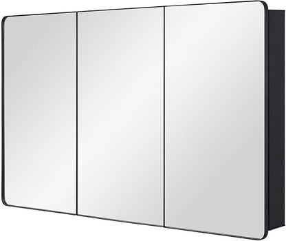 Bathroom Mirror Medicine Cabinet with Round Corner Framed Door 48 x 30 inch, Black，Recessed or Surface Mount, with Adjustable Glass Shelves