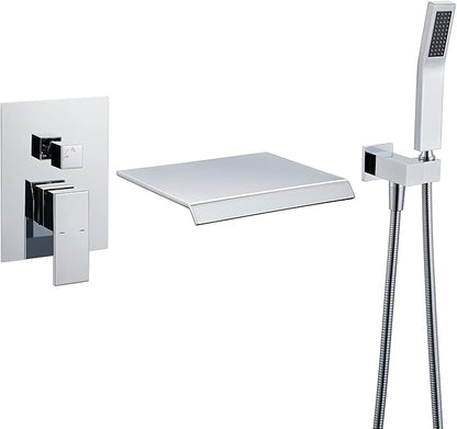 Wall Mount Tub Filler Waterfall Tub Faucet Chrome Bathtub Faucet Brass Single Handle Bathroom Faucet with Hand Shower