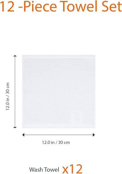 Amazon Basics Cotton Washcloths, Quick-Dry, 12" x 12", 12-Pack, White
