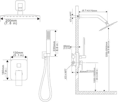 Brushed Nickel Shower System, 8 Inch High Pressure Rain Shower with Handheld, Wall Mount Shower Faucet Set for Bathroom, Rough-in Valve Body and Trim Included