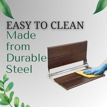 Folding Shower Seat Wall Mounted with Back | 500 lbs Maximum Load Capacity | ADA Compliant Safety Assist Teak Shower Seat for Seniors, Handicapped, and Children | 304 Stainless Steel Frame | 18” x 16”