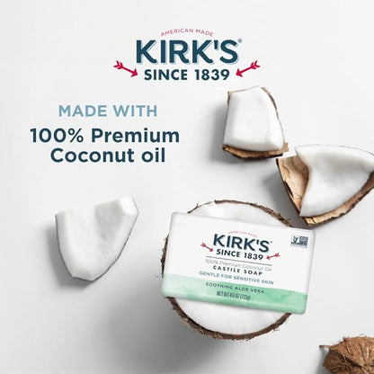 Kirk's Castile Bar Soap for Men, Women & Children - Made with Premium Coconut Oil, Sensitive Skin Formula, Vegan, Non GMO, Aloe Vera, 4 oz. Bars 6 Pack