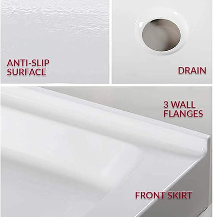 Westbrass SP6036WP-50 60" x 36" 3-Wall Shower Pan with Plastic Center Drain and 4-1/4" Cross Grid Brass Drain Cover, Powder Coat White
