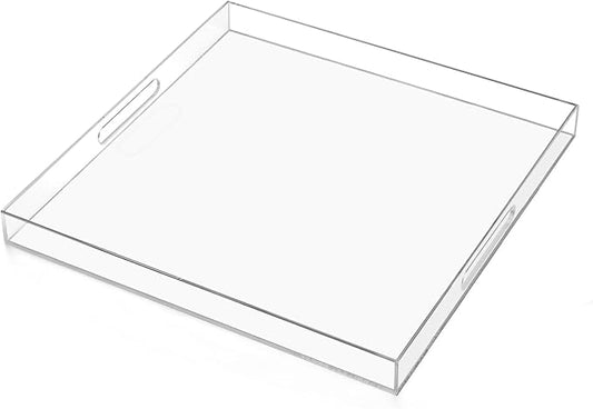 17×17 inches Oversized Clear Acrylic Ottoman Tray Extra Large Decorative Tray Spill-Proof Serving Trays with Handles King-Size Safe Edge Organizer for Coffee Table Countertop Breakfast