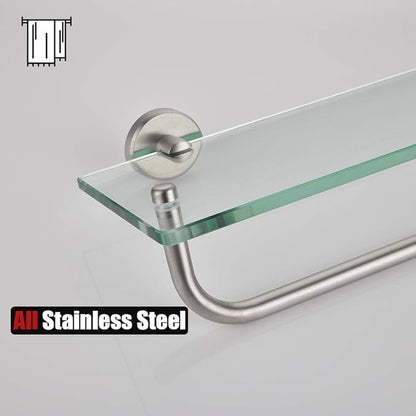 JQK Bathroom Glass Shelf, Shelf with 19 Inch Towel Bar Tempered Glass Shower Storage 20 by 5 inches, 304 Stainless Steel Brushed Finish Wall Mount, TGS100L20-BN