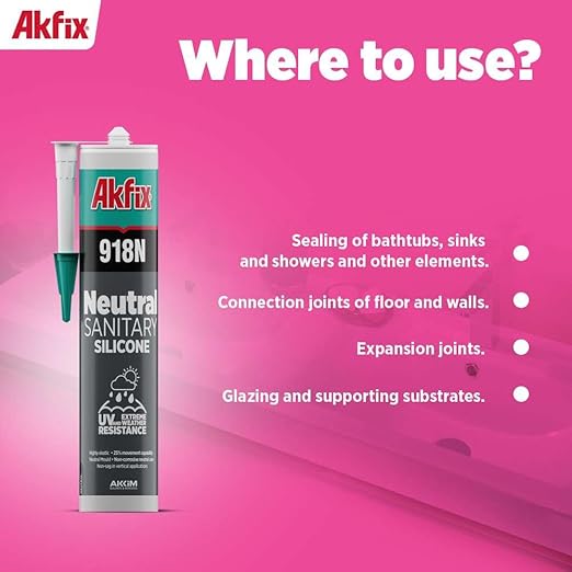 Akfix 918N Black 100% Silicone Caulk for Kitchen and Bathroom (12x10.5 fl.oz.) - Solvent-Free, Low Odor, UV & Water Resistant, Fast Curing, Paintable, High Elasticity Silicone Sealant | Black, 12 Pack