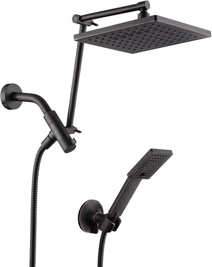BRIGHT SHOWERS High Pressure Rain Shower Head Combo with Double Extension Arm, 8 Inch Rainfall Shower Head with Handheld Spray, Height Adjustable Dual Square Showerhead Set, Oil-Rubbed Bronze