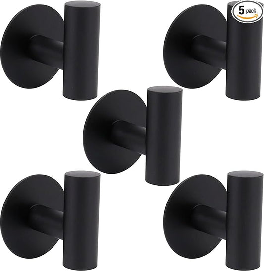 TocTen Bath Towel Hook, Strong Self Adhesive Robe Hook, SUS 304 Stainless Steel Stick on Wall Coat/Clothes Hook No Drilling, Shower Wall Hook for Bathroom Kitchen Office Closet(Matte Black, 5 Pack)