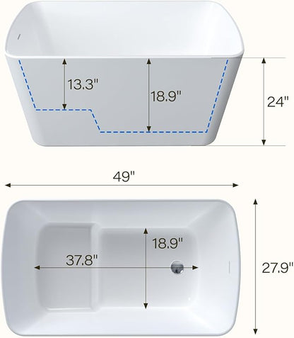49" Acrylic Freestanding Soaking Bathtub, Matte Drain & Black Overflow, Modern Design Tub for Home Bathroom Renovations, Glossy White