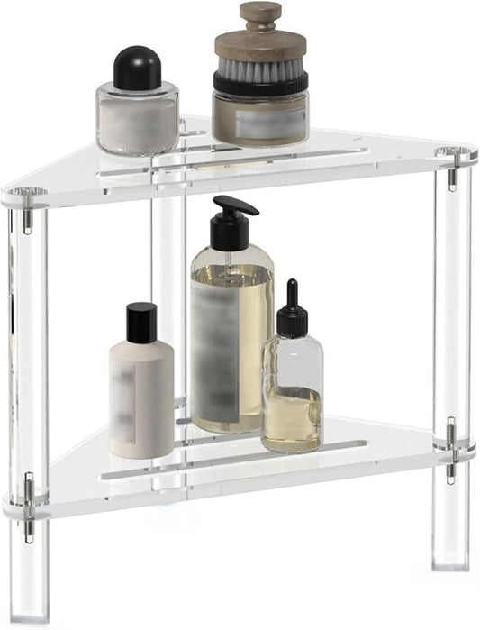 Corner Shower Caddy, 2 Tier Acrylic Bathroom Corner Shelf Clear Standing Shower Shelves Countertop Floor Rack Stand for Kitchen Bathroom