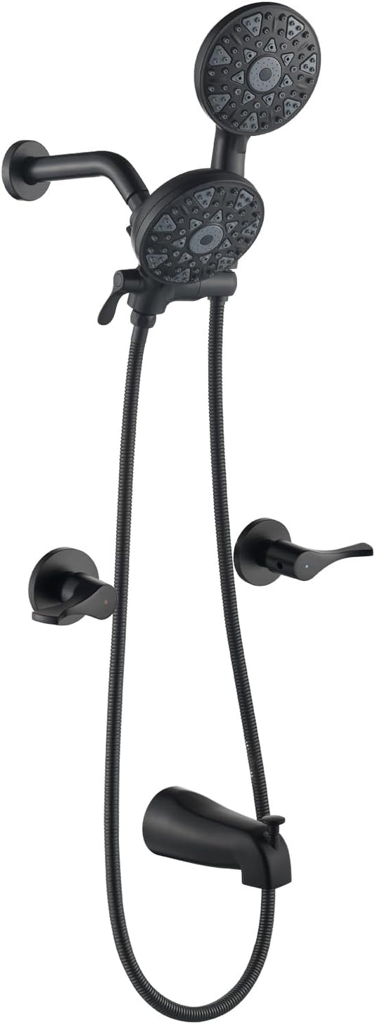 2 Handle Shower Faucet Set with Tub Spout and Shower Head Combo, Matte Black, Wall Mounted, 2 Handles, Brass, Complete Bathtub Shower Trim Kit
