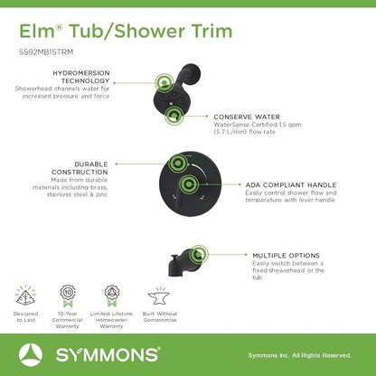Elm Single Handle Wall Mounted Tub and Shower Trim Kit with Diverter Lever in Matte Black (Valve Not Included) - 5592MB15TRM