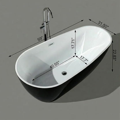 Bathtub with Upturned Ends, CUPC Chrome Drain and Overflow, White Interior and Black Exterior, Built-in Overflow, Fiber-Coated Fixing Bracket