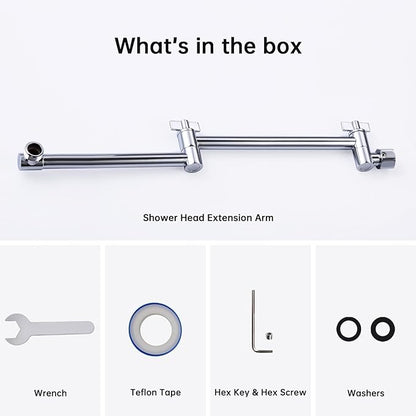 G-Promise 16 Inch Shower Head Extension Arm, Solid Brass Height & Angle Adjustable Extender, Rise or Lower Rainfall and Fixed Shower Head (Chrome)