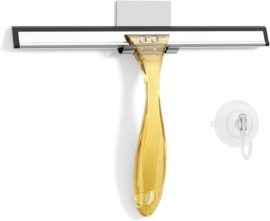 AmazerBath Shower Squeegee for Glass Doors, All-Purpose Squeegee with Suction Hook & Adhesive Hook, Clear Squeegee for Shower Glass, Windows, Mirrors, Tiles and Car Windows - 10 Inches, Clear Gold