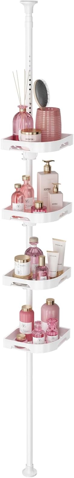 Tension Pole Shower Caddy Organizer with 4 Tier L-Shaped Rust Resistant Bathroom Corner Shelves with 34-124 Inch Adjustable No Drilling Quick Install Shower Rack for Bath Essentials (White)