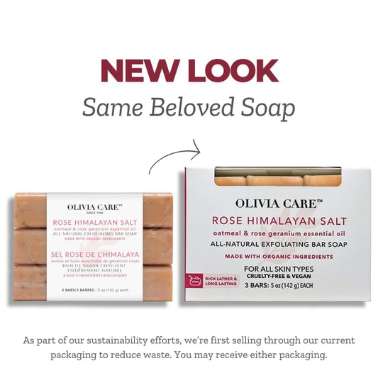 Olivia Care Exfoliating Bar Soap With Rose Himalayan Salt Natural & Organic - Infused w/Oatmeal & Rose Essential Geranium Oil - Moisturize, Detoxify, Hydrate - 3 X 5 OZ