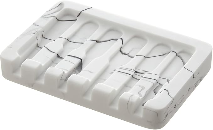 Self Draining Soap Dish - Marble Look Soap Holder Tray Savers Box Container Sponge Holder for Bathroom Shower Kitchen, White