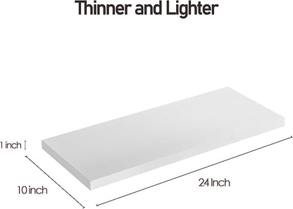 Wall Shelf Set of 3, White Floating Shelves 24 in W x 10 in D x 1 in H, Wooden Floating Wall Shelf with Invisible Brackets for Living Room/Bedroom/Bathroom/Kitchen Storage and Decor