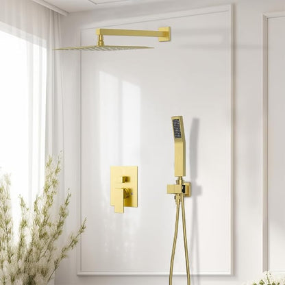 Shower Faucet Set Brushed Gold Shower System, Starbath 12" Rain Shower Head and Handheld Spray Shower Set Complete Wall Mounted,2 Way Pressure Balance Shower Valve and Trim Kit Included