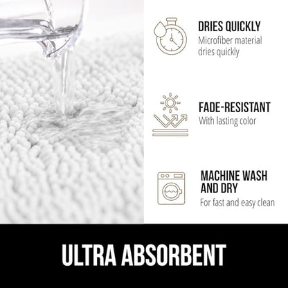 GORILLA GRIP Bathroom Rug Sets 3 Piece, Bath Mat Set and Oval Toilet Base with Rubber Backing, Plush Absorbent Shaggy Chenille Washable Mats, Includes 24x19.5, 24x17 and 30x20 Inch Rugs, White