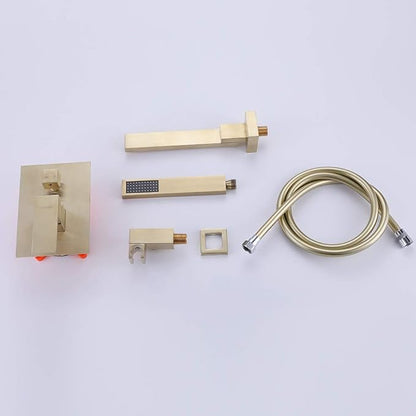 Wall Mounted Bathtub Faucet with Handheld Shower, Solid Brass 180° Swivel Bathroom Tub Filler Faucet with Hand Shower Modern Single Handle Tub Faucet Set, Brushed Gold