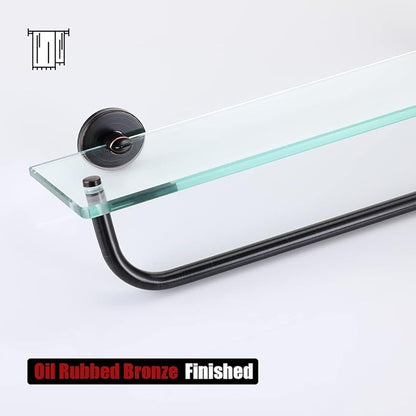 JQK Bathroom Glass Shelf Bronze, Shelf with 15 Inch Towel Bar Tempered Glass Shower Storage 16 by 5 inches, 304 Stainless Steel Oil Rubbed Bronze Wall Mount, TGS100-ORB