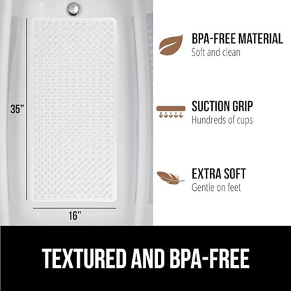 GORILLA GRIP Patented Bath Tub Shower Mat, Machine Washable Bathtub Floor Liner Mats, Suction Cups and Drain Holes to Keep Tubs Clean, Soft on Feet, Bathroom Essentials, 35x16 Inch, White