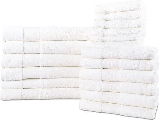 Hencely 18-Piece Bath Towel Set - High Absorbency, Quick Drying - 100% Soft Turkish Cotton - 6 Bath Towels, 6 Hand Towels, 6 Washcloths - for Bathroom, Home, Hotel, Spa, and Gym - 18-Pack White