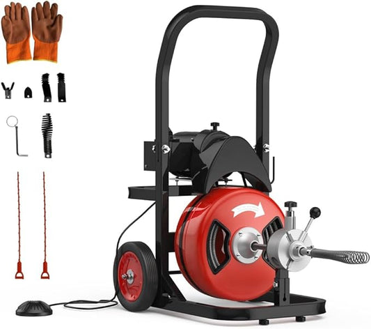 100Ft 1/2 Inch Cable Drain Cleaning Machine, 450W Auto Feed Portable Electric Sewer Snake, Electric Drain Auger with 4 Cutter Air-Activated Foot Switch for 2" to 4" Pipes