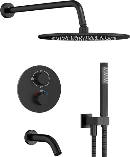 Gabrylly Thermostatic Shower System with Tub Spout, All Metal Bathtub Shower Faucets Set with Anti Scald Shower Valve, High Pressure 10" Rain Shower head with Handheld Spray Combo, Matte Black
