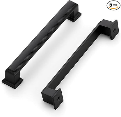 Ravinte Hardware 5 Pack Matte Black Cabinet Pulls, 5 Inch (128mm) Hole Center Zinc Alloy Drawer Handles for Kitchen Cabinets, Cupboards, Dressers, Square Solid Metal Hardware