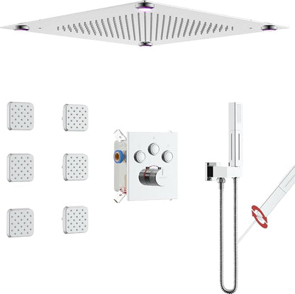 VANFOXLE Temperature Shower Faucet Set Chrome Shower System, Push Button Diverter Shower Faucet with 2 In 1 Handheld, 16 Inch LED Shower Head, 6 PCS Body Jets