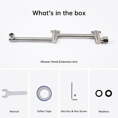 G-Promise 13 Inch Shower Head Extension Arm, Solid Brass Height & Angle Adjustable Extender, Rise or Lower Rainfall and Fixed Shower Head (Brushed Nickel)