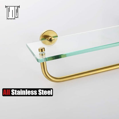 JQK Bathroom Glass Shelf, Shelf with 29 Inch Towel Bar Tempered Glass Shower Storage 30 by 5 inches, 304 Stainless Steel Brushed Gold Wall Mount, TGS100L30-BG