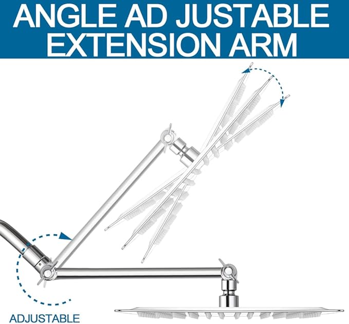 POP SANITARYWARE 12 Inch Shower Head with Adjustable Extension Arm, Stainless Steel Rainfall Showerhead with Shower Arm Extender, Waterfall fixed Showerheads, Chrome