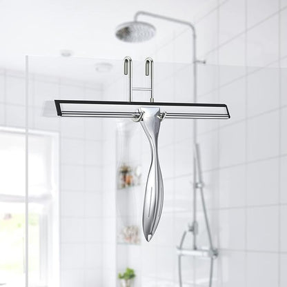 Shower Squeegee for Glass Door 12-Inch Stainless Steel Bathroom Squeegee Window Wiper, Includes Shower Door Hook, Adhesive Hook, and Spare Silicone Blade for Window Mirror Car All-Purpose Squeegee