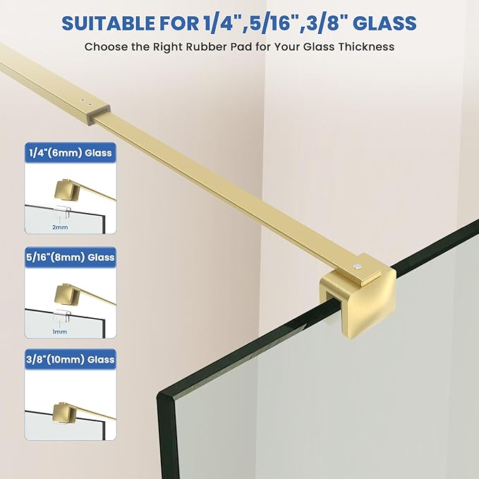 Shower Door Glass Support Bar, 26.96" to 48.54" Adjustable Stainless Steel Wall-to-Glass Shower Stabilizer Rod for 1/4", 5/16", 3/8", Brushed Gold