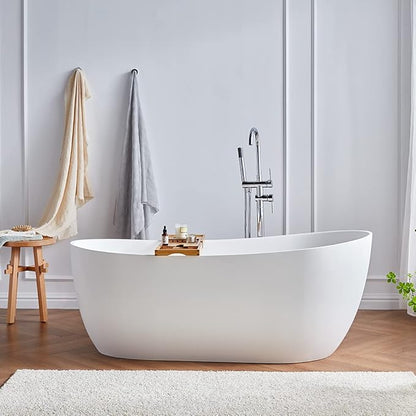 Cpingao 63" Stone Resin Solid Surface Freestanding Bathtub, Modern Stand Alone Soaking Tub with Overflow and Pop Up Drain, One-Piece Molding Matte White 8828-1600