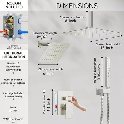 Rain Shower System Brushed Nickel,STARBATH Ceiling Mount 12'' Rain Shower Head and 6'' Rainfall Shower Head with Handheld Spray, 3 Way Shower Faucet Set with 5 Diverter and Trim Kit Complete