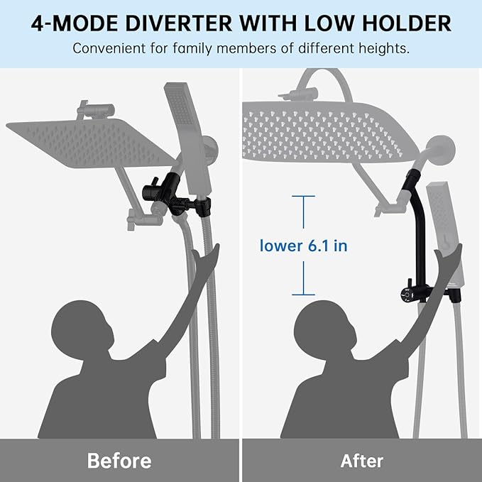 G-Promise All Metal 14 Inch Shower Head with Massage Mode Handheld, Rain Shower Head with Handheld Spray Combo, 3-Way Diverter with Pause Setting, 13 Inch Adjustable Extension Arm (Matte Black)