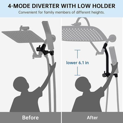 G-Promise All Metal 14 Inch Shower Head with Massage Mode Handheld, Rain Shower Head with Handheld Spray Combo, 3-Way Diverter with Pause Setting, 13 Inch Adjustable Extension Arm (Matte Black)