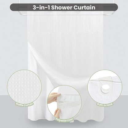 Inhousolu Long No Hook Shower Curtain with Snap in Fabric Liner Set Waffle Weave 230GSM Weighted Hem, Waterproof & Washable Bathroom Curtain Spa Luxury with Mesh Top Window 72" W x 78" L White